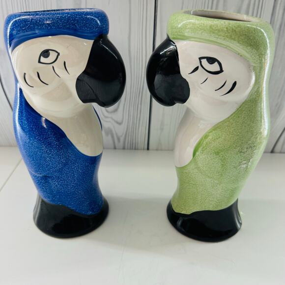 Set of 2 Vintage Parrot Macaw Ceramic Tropical Island Tiki 8" Vase Blue Green - Picture 2 of 8